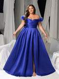 Plus Off-Shoulder Evening Gown with 3D Floral Appliqué | High Thigh Slit & Laced Back