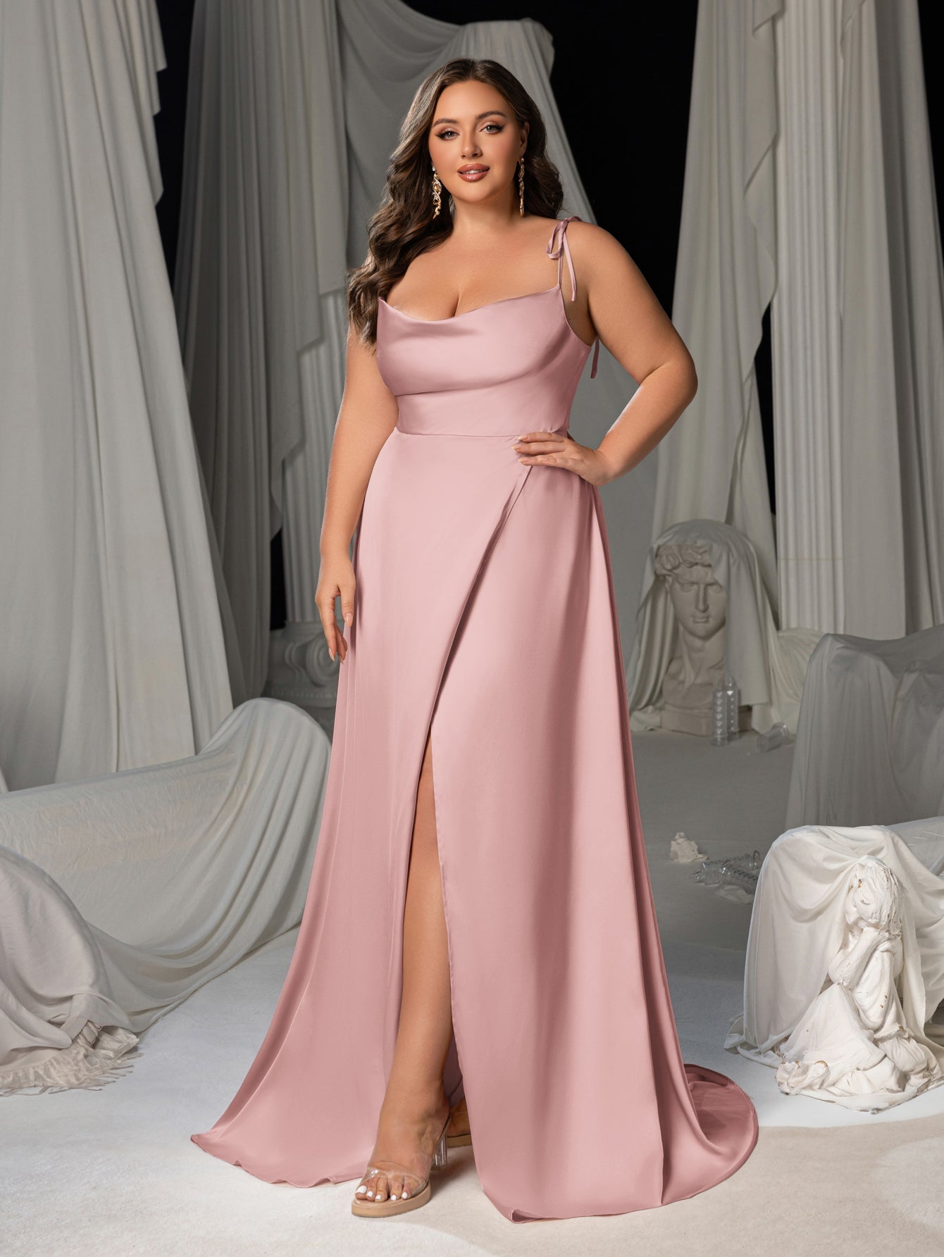 Plus Satin Spaghetti Straps Formal Evening Dress with High Slit