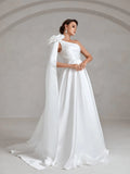 Stereo Flower One Shoulder Split Satin Wedding Dress - Elonnashop