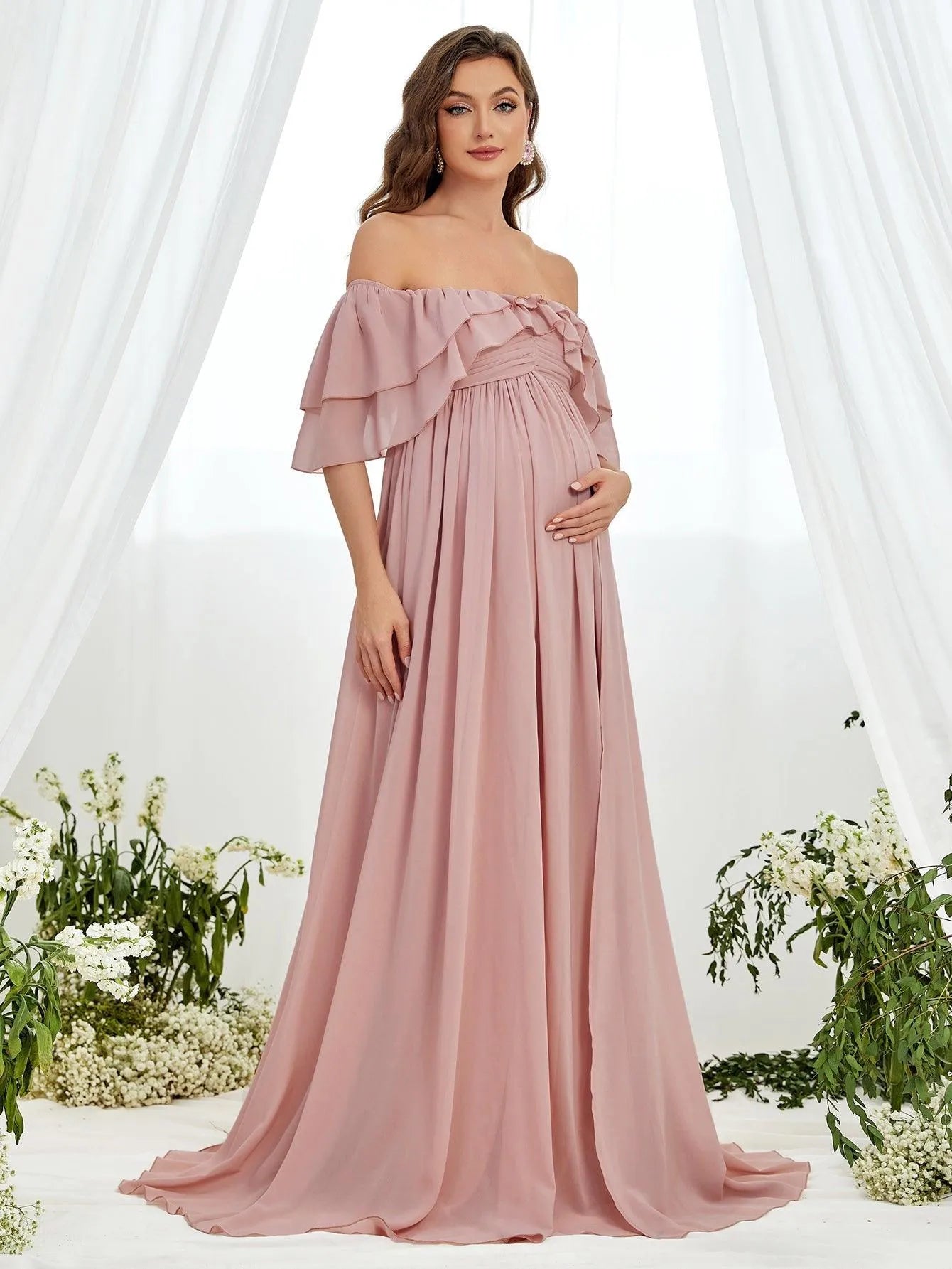 Maternity Off Shoulder Ruched Bust Layered Sleeves Chiffon Dress - Elonnashop