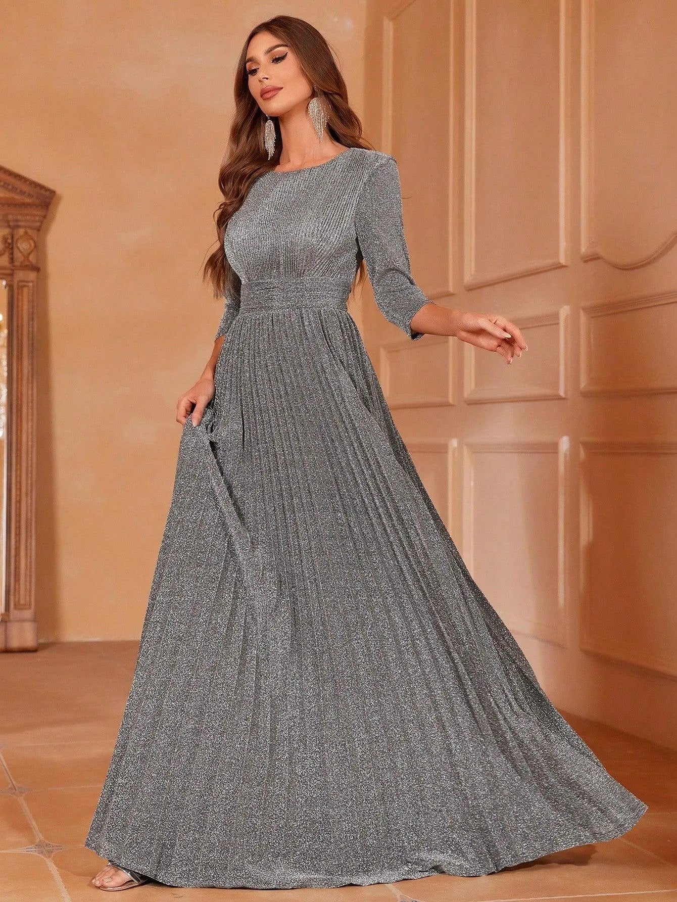 Glitter 3/4 Sleeves Pleated A Line Dress - Elonnashop