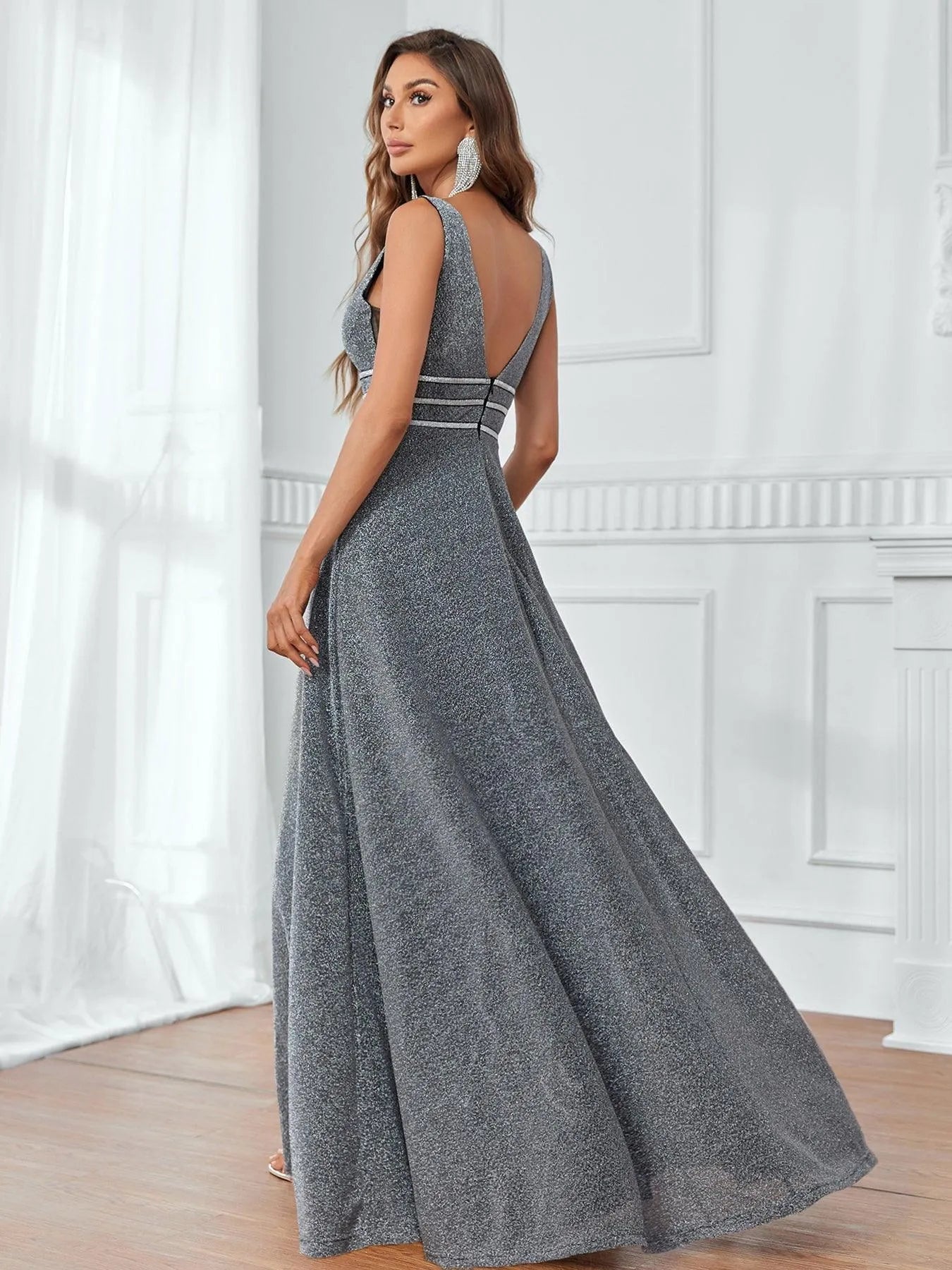 Glitter V Neck Sleeveless A Line Dress - Elonnashop