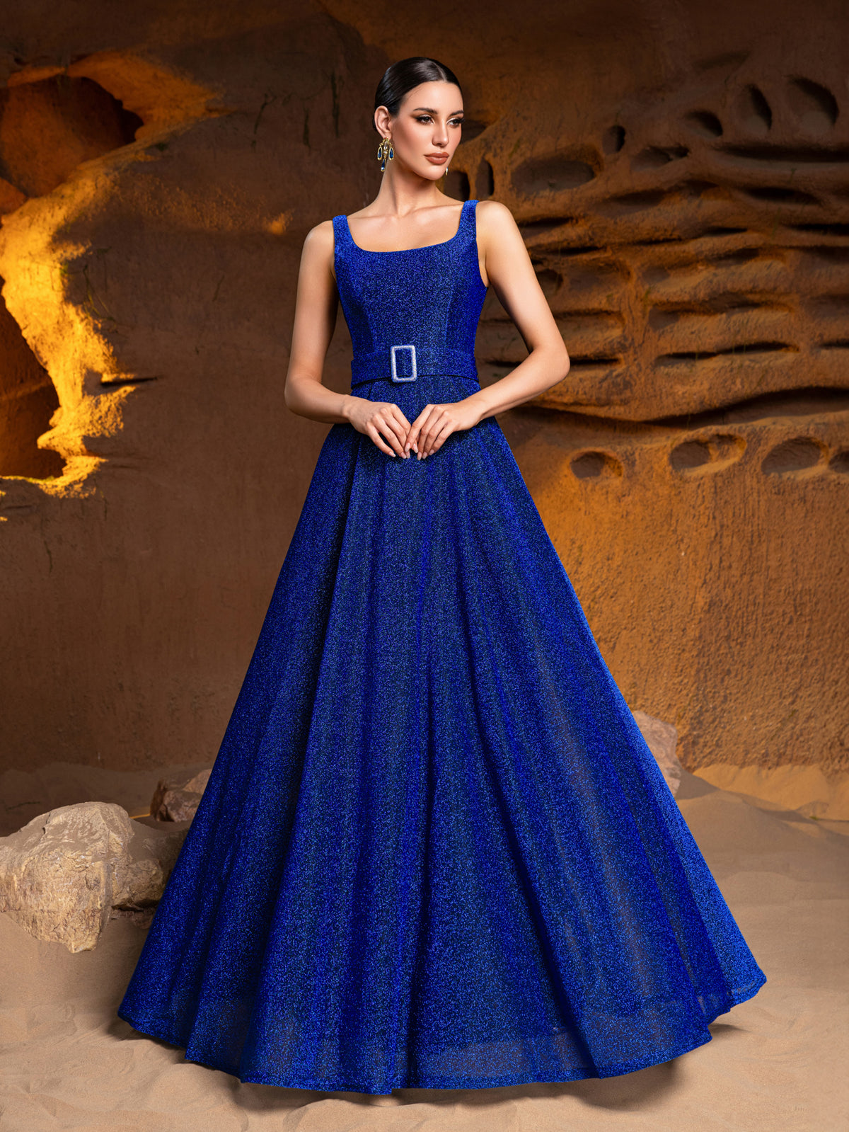 Solid Square Neck Sleeveless Glitter Buckle Belted Dress