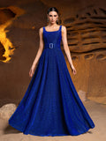 Solid Square Neck Sleeveless Glitter Buckle Belted Dress