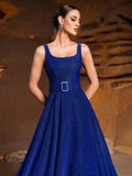 Solid Square Neck Sleeveless Glitter Buckle Belted Dress