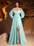 Off Shoulder Split Thigh Belted Chiffon A Line Dress