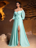 Off Shoulder Split Thigh Belted Chiffon A Line Dress