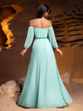 Off Shoulder Split Thigh Belted Chiffon A Line Dress