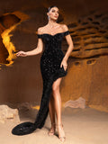 Off Shoulder Asymmetrical Hem Sequin Party Dress