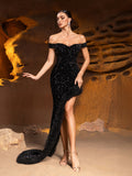 Off Shoulder Asymmetrical Hem Sequin Party Dress
