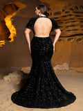 Plus V Neck Short Sleeve Backless Mermaid Dresses