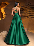Plunging Neck Floor Length Satin Cami Party Dress