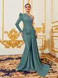 Elegant One Shoulder Draped Side Mermaid Hem Evening Dress