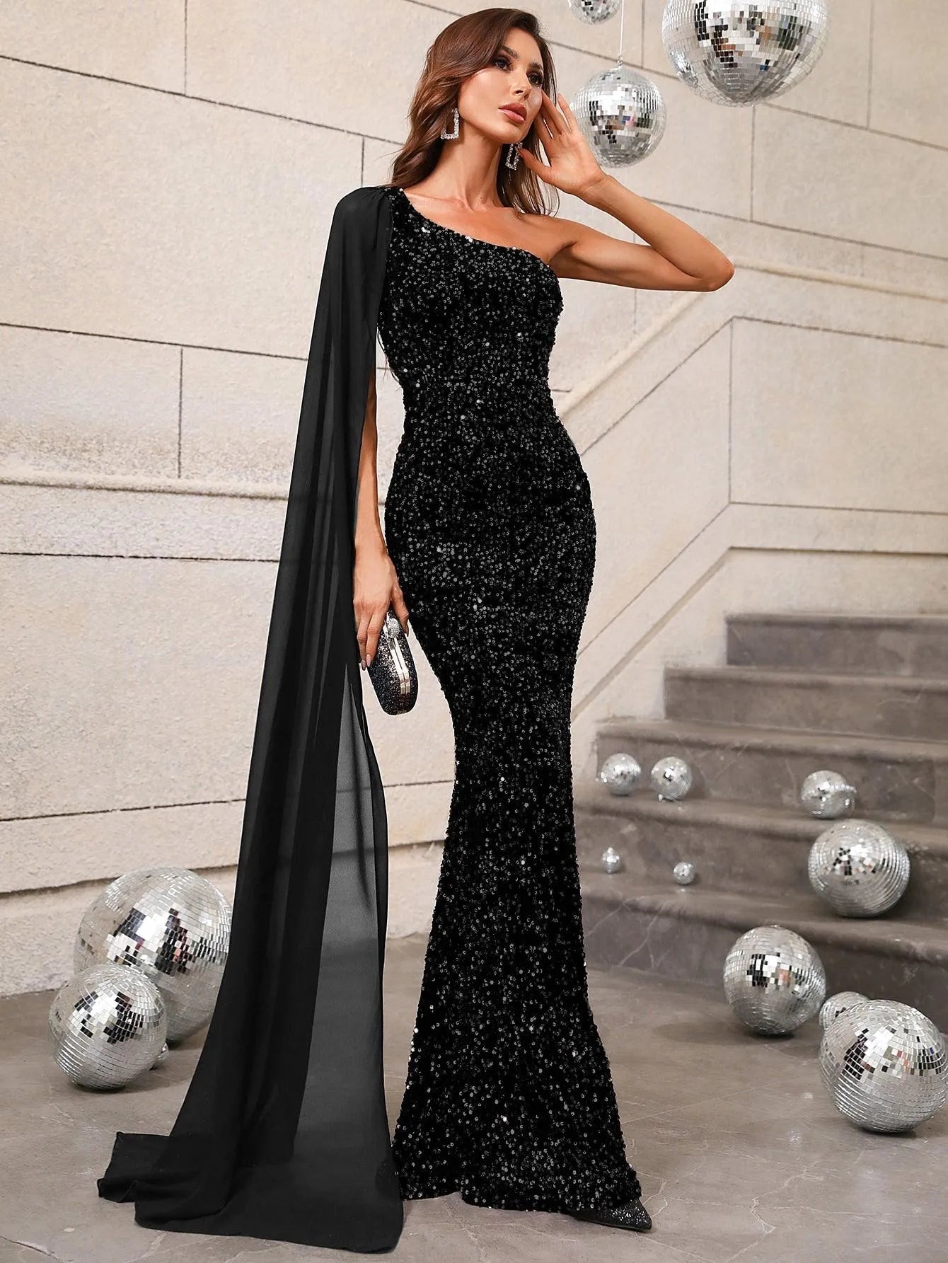 Elegant Sequin One Shoulder Sash Prom Dresses - Elonnashop