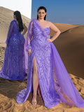 Plus Gorgeous Feather Trim One Shoulder Split Mermaid Hem Beaded Formal Dress Evening Dress