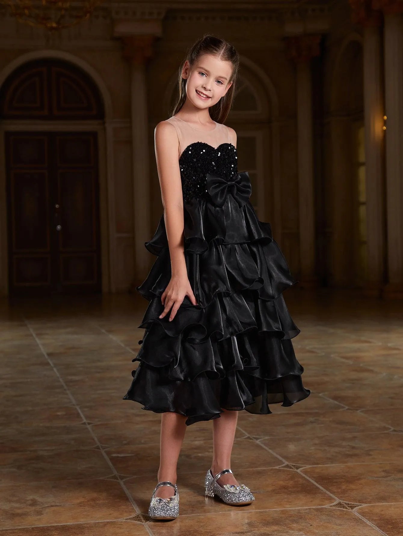 Tween Girls' Sequin Contrast Layered Organza Dress - Elonnashop