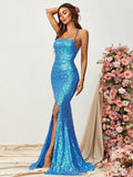 Spaghetti Strap Backless Lace Up Sequin Mermaid Dress - Elonnashop