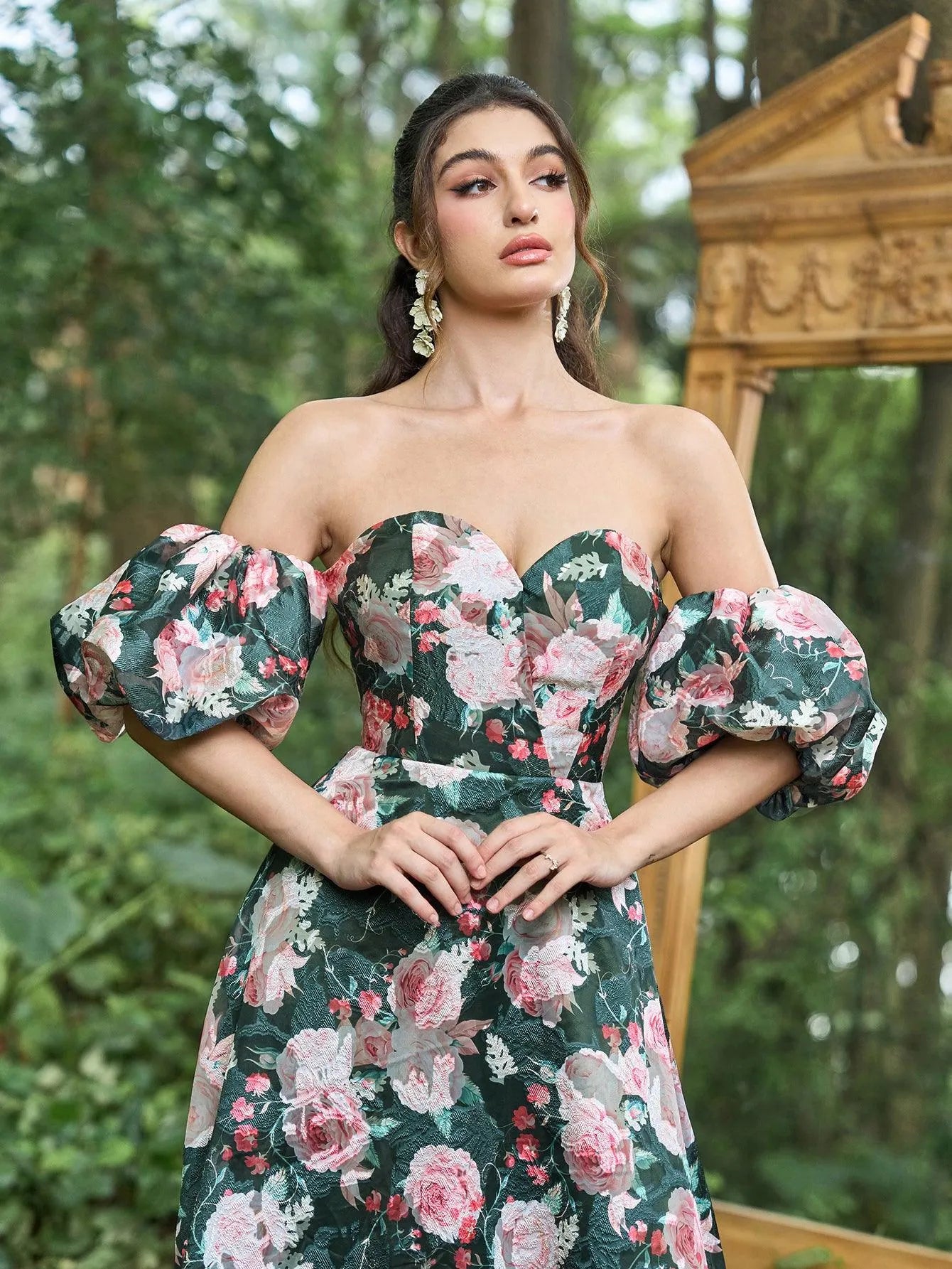 Floral Jacquard Off Shoulder Puff Sleeves Prom Dress - Elonnashop