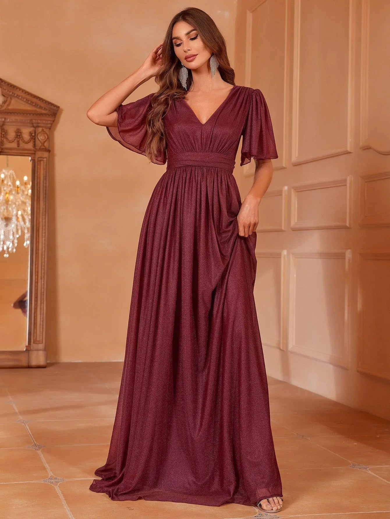 Elegant V Neck Short Sleeve Maxi A Line Dress - Elonnashop