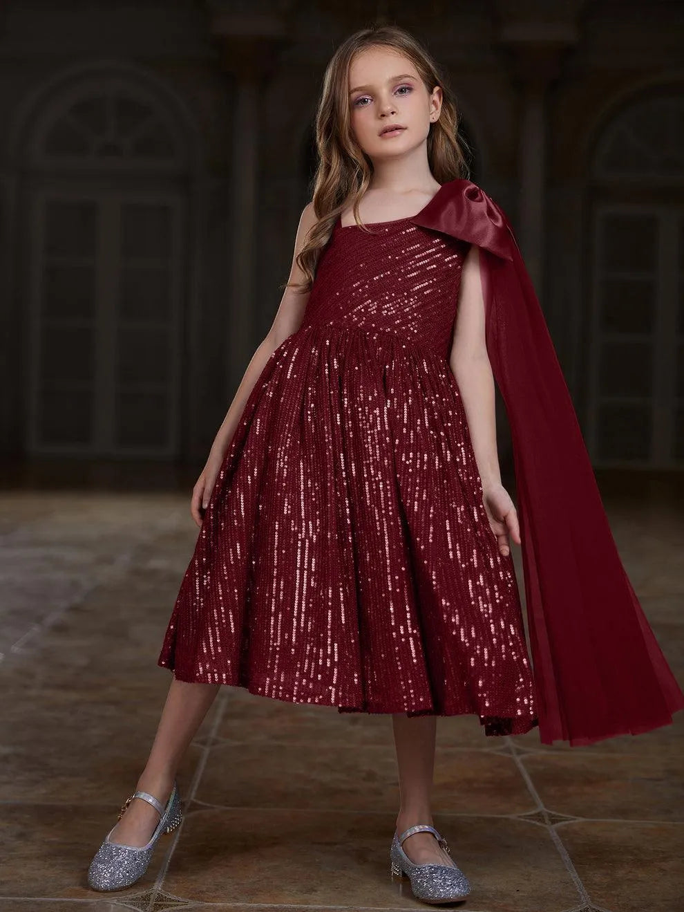 Tween Girls' Bow Detail Draped Side Sequin Midi Dress - Elonnashop