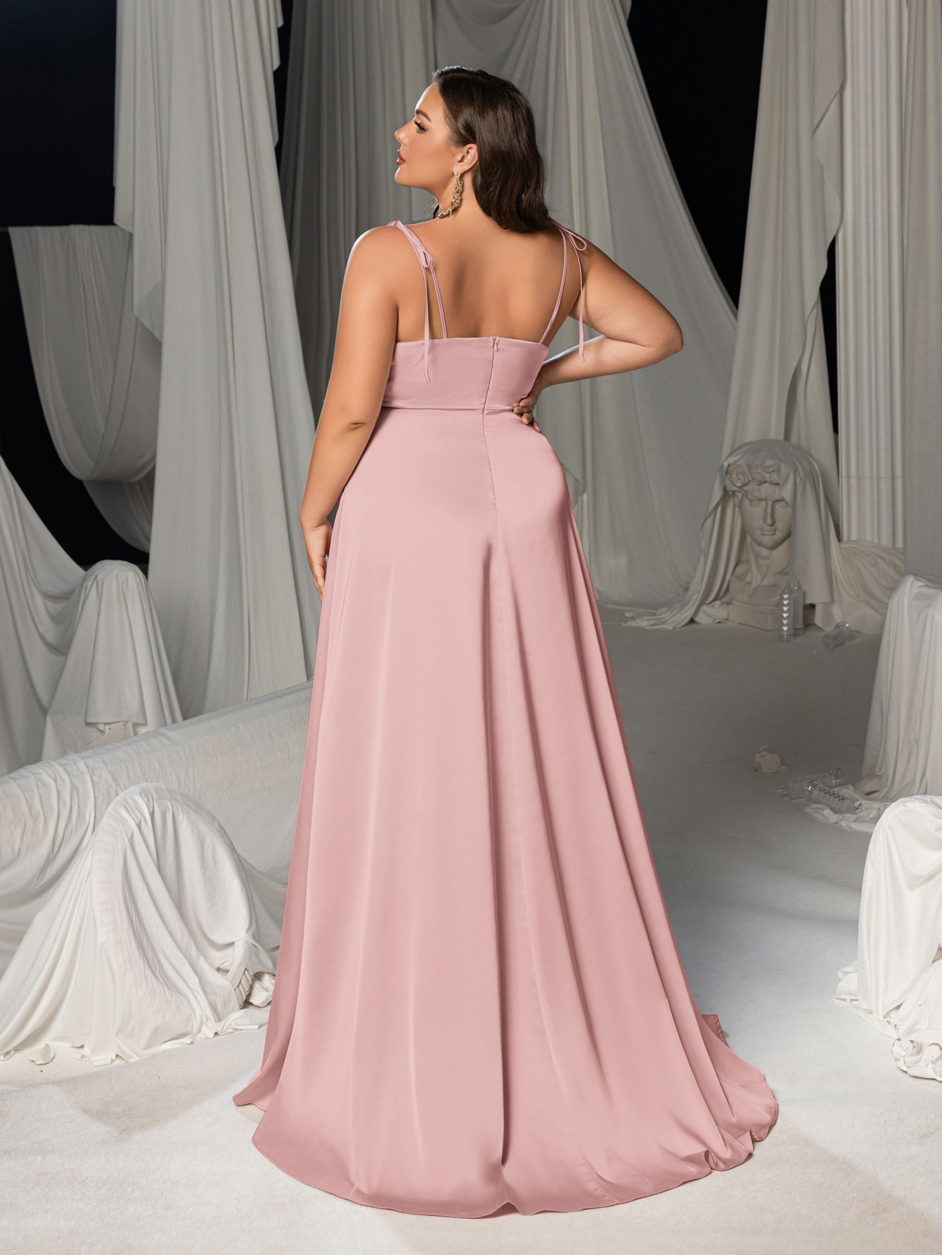 Plus Satin Spaghetti Straps Formal Evening Dress with High Slit