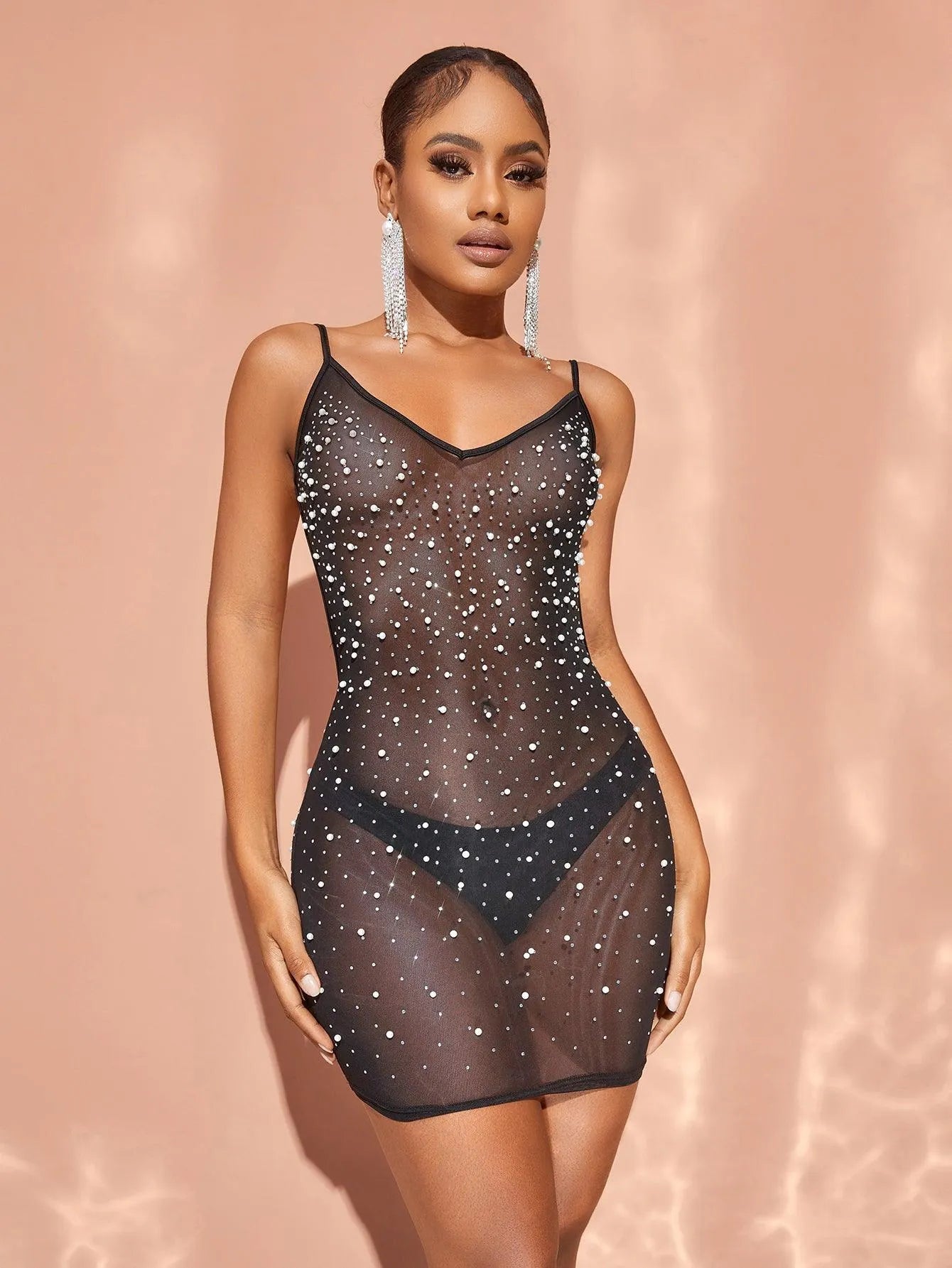 Chic Rhinestone Detail Backless Cami Mini Dress - Elonnashop