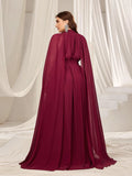 Plus Mock Neck Cloak Sleeves Chiffon Formal Cape Dress - Elonnashop