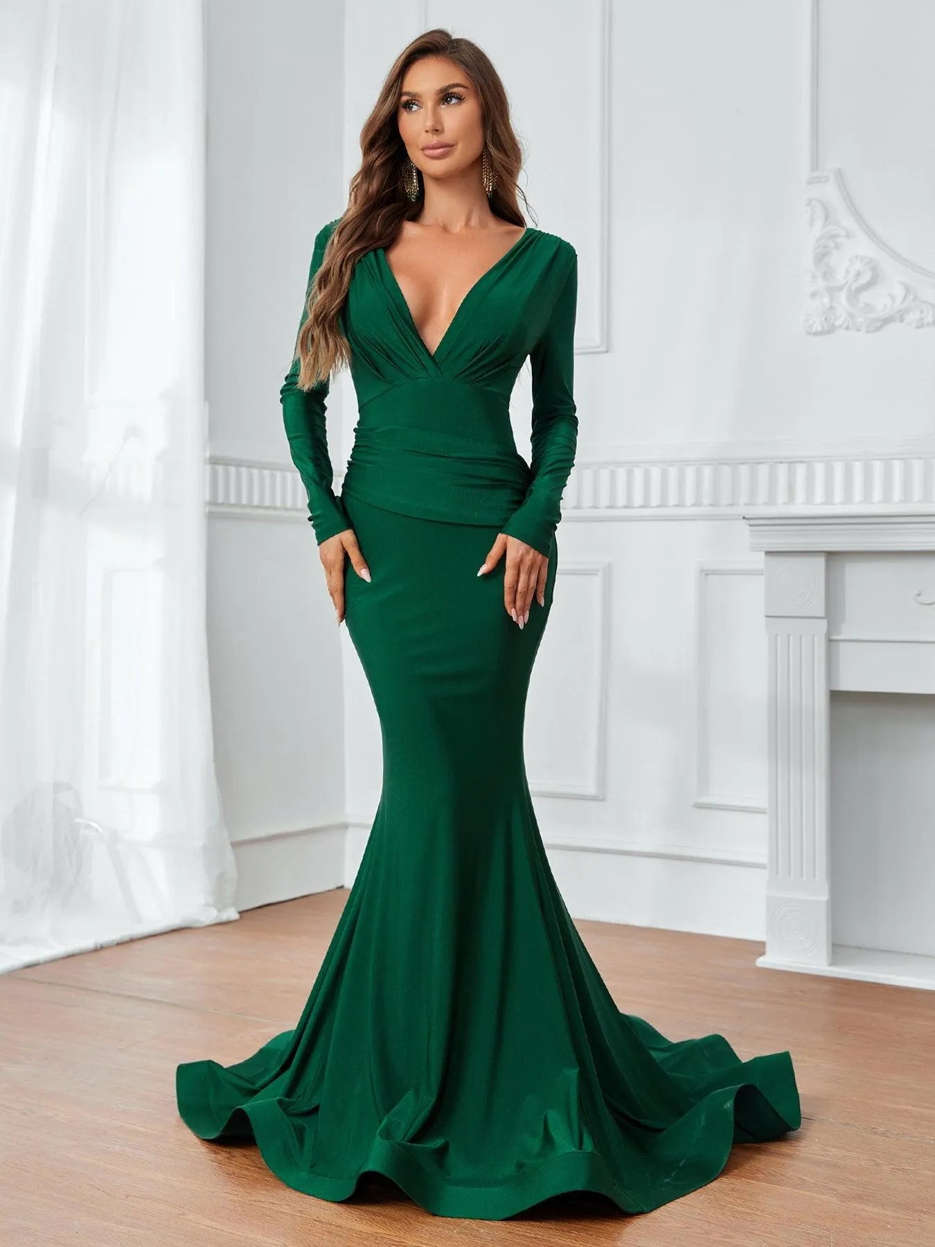 Plunging Neck Backless Mermaid Hem Formal Dress - Elonnashop