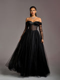 Elegant Off Shoulder Sheer Sleeves Tulle Evening Gown Wedding Dress