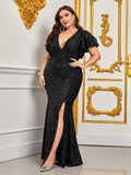 Plus V Neck Ruffle Sleeves Sequin Formal Dress