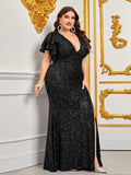 Plus V Neck Ruffle Sleeves Sequin Formal Dress