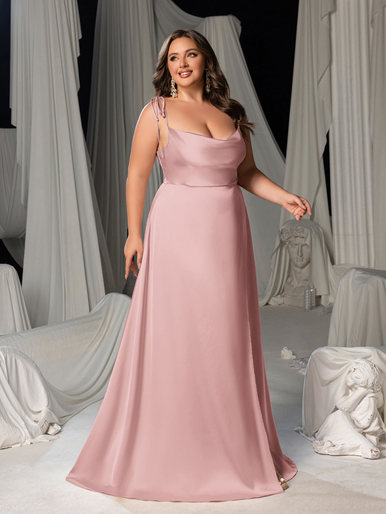 Plus Satin Spaghetti Straps Formal Evening Dress with High Slit