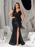 Plus asymmetrisches Abendkleid mit Schlitz am Oberschenkel und Pailletten