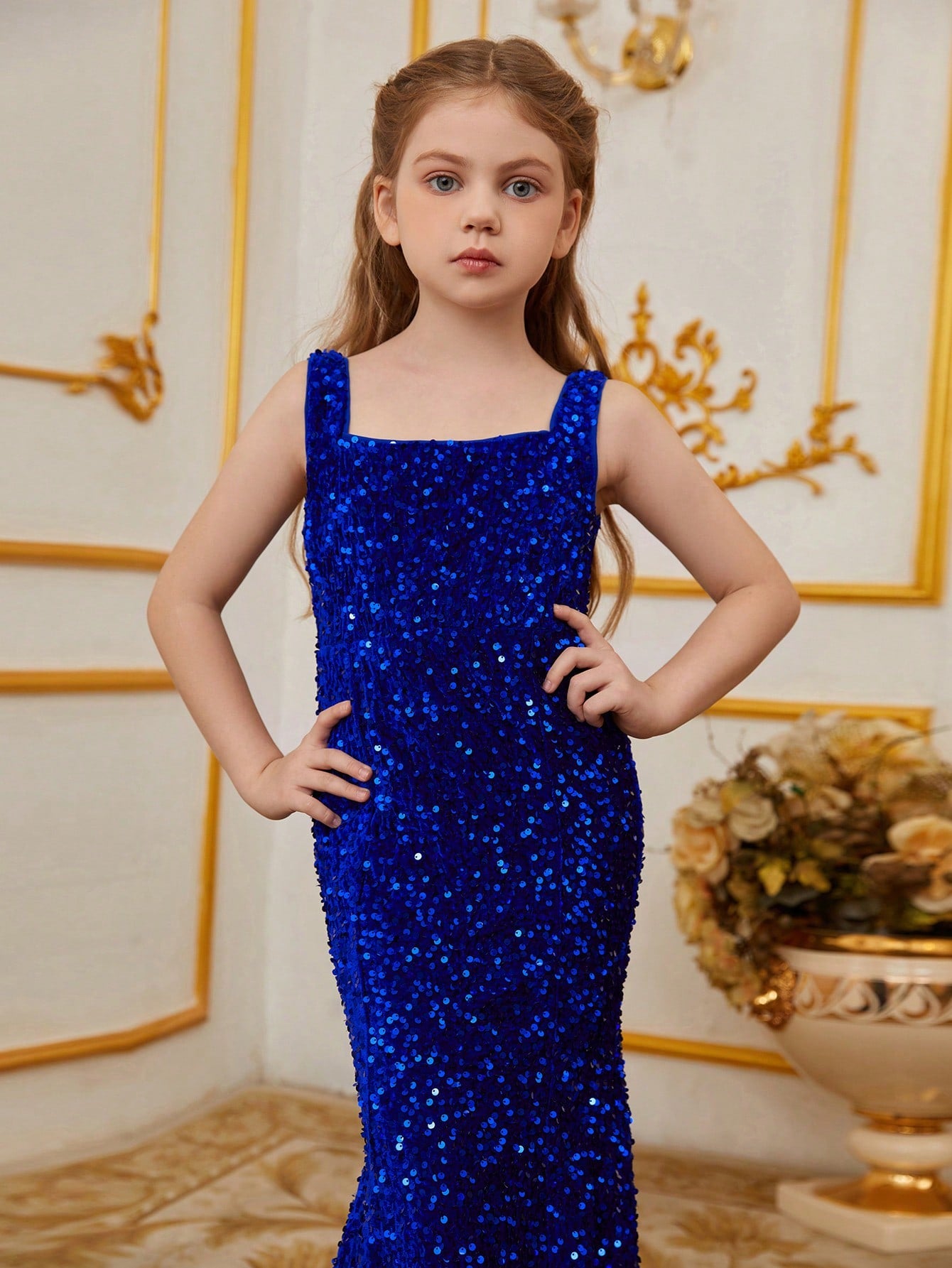 Tween Girls' Square Neck Sleeveless Mermaid Hem Sequin Party Dress