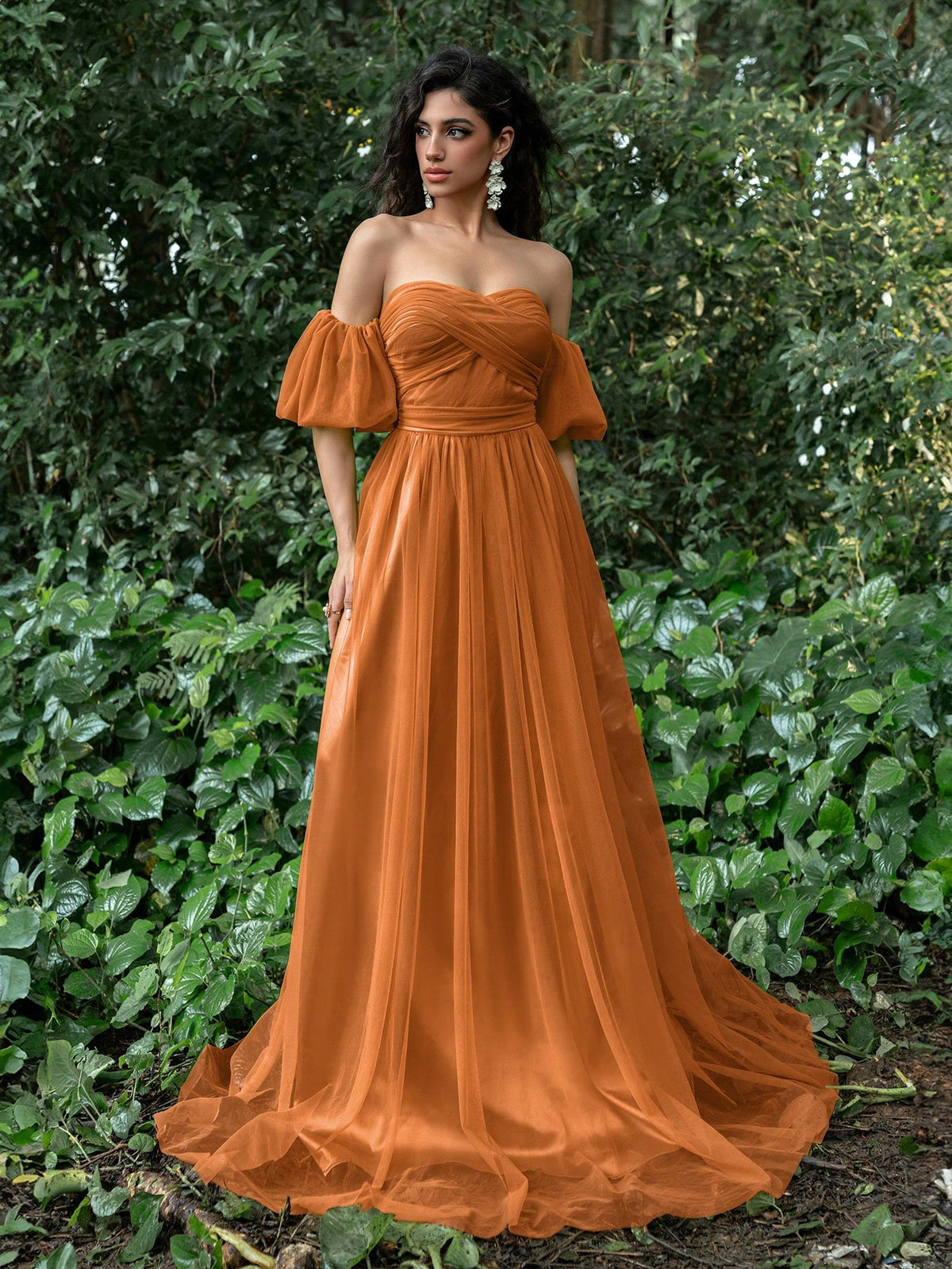 Solid Off Shoulder Ruched Front Puff Sleeves Tulle Prom Dress