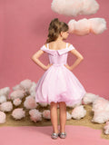 Tween Girls' Off-Shoulder Heart Neckline Pink Princess Dress With Wide Ruffle Sleeve, Waist Bow, And Layered Tulle Skirt For Birthday Party, Wedding Flower Girl, Pageant, Or Special Celebration