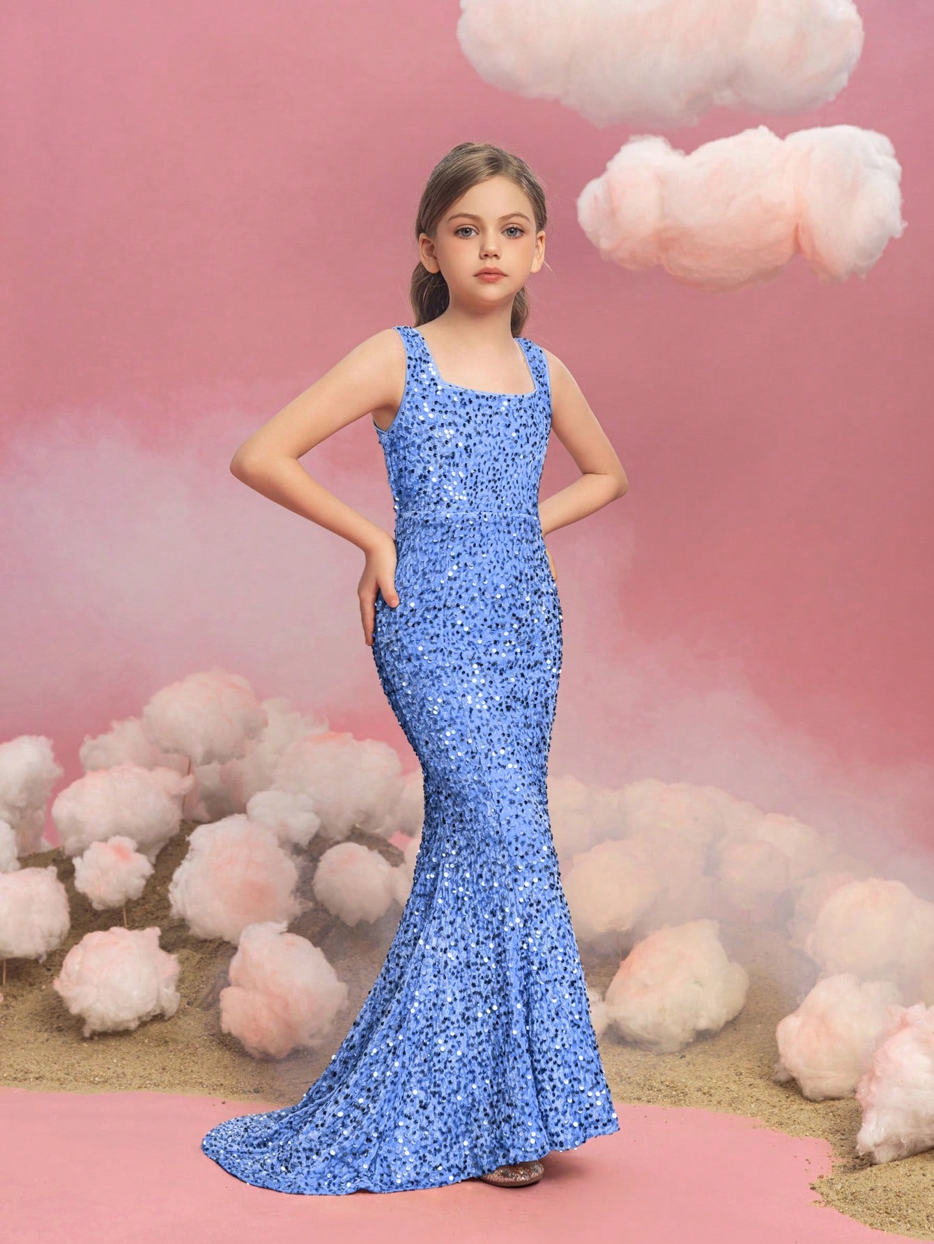 Tween Girls' Square Neck Sleeveless Mermaid Hem Sequin Party Dress