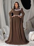 Plus Mock Neck Extra-Long Sleeves Chiffon Evening Gown with White Bead Accents