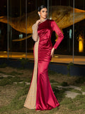 Elegant Off-Shoulder Pearl Chiffon Satin Evening Gown, Adorned With Beaded Mesh Accents - Fitted Silhouette, High Slit Floor-Length Skirt - Ideal For Weddings, Formal Receptions, Galas
