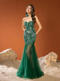 Luxury Beaded Sequin Embroidered Strapless Mermaid Gown With Floral Bodice And Tulle Skirt For Weddings, Gala Dinners,Garden Parties,Red Carpet Events