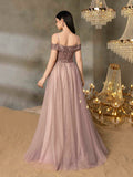 Shiny A-Line Evening Dress - Featuring Off-The-Shoulder Sweetheart Neckline, Sheer Skirt, And Fitted Sequin Bodice, Suitable For Prom, Wedding Guest Attire, Formal Dinners, And Luxury Celebrations.