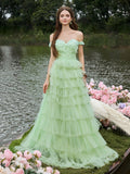 Gorgeous Off Shoulder Applique Bodice Cascading Ruffle Hem Prom Dress
