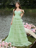 Gorgeous Off Shoulder Applique Bodice Cascading Ruffle Hem Prom Dress