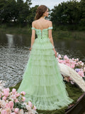 Gorgeous Off Shoulder Applique Bodice Cascading Ruffle Hem Prom Dress