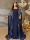 Plus Elegant Rhinestone Detail Mermaid Hem Formal Cape Dress For Galas, Weddings, Proms, Red-Carpet Events, And High-End Banquets