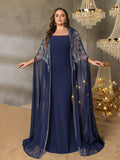Plus Elegant Rhinestone Detail Mermaid Hem Formal Cape Dress For Galas, Weddings, Proms, Red-Carpet Events, And High-End Banquets