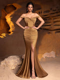 Style Off-Shoulder Ruched Party Dress For Women With Front Thigh Slit & Mermaid Hemline - Elevate Formal Attire For Galas, Awards Nights, Wedding Receptions, Charity Banquets, Black-Tie Events