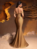 Style Off-Shoulder Ruched Party Dress For Women With Front Thigh Slit & Mermaid Hemline - Elevate Formal Attire For Galas, Awards Nights, Wedding Receptions, Charity Banquets, Black-Tie Events