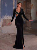 Elegant Cut Out Waist Long Sleeve Velvet Prom Dress