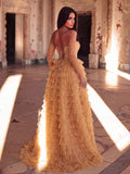 Luxurious Beaded Tulle Evening Gown – Front Strapless Silhouette With Crystal Beads Accents & Sheer Sleeves, Back Crisscross Backstrap Design & Fluid Cascading Tulle Skirt For Luxury Galas, Red Carpet Galas & Opera Performances